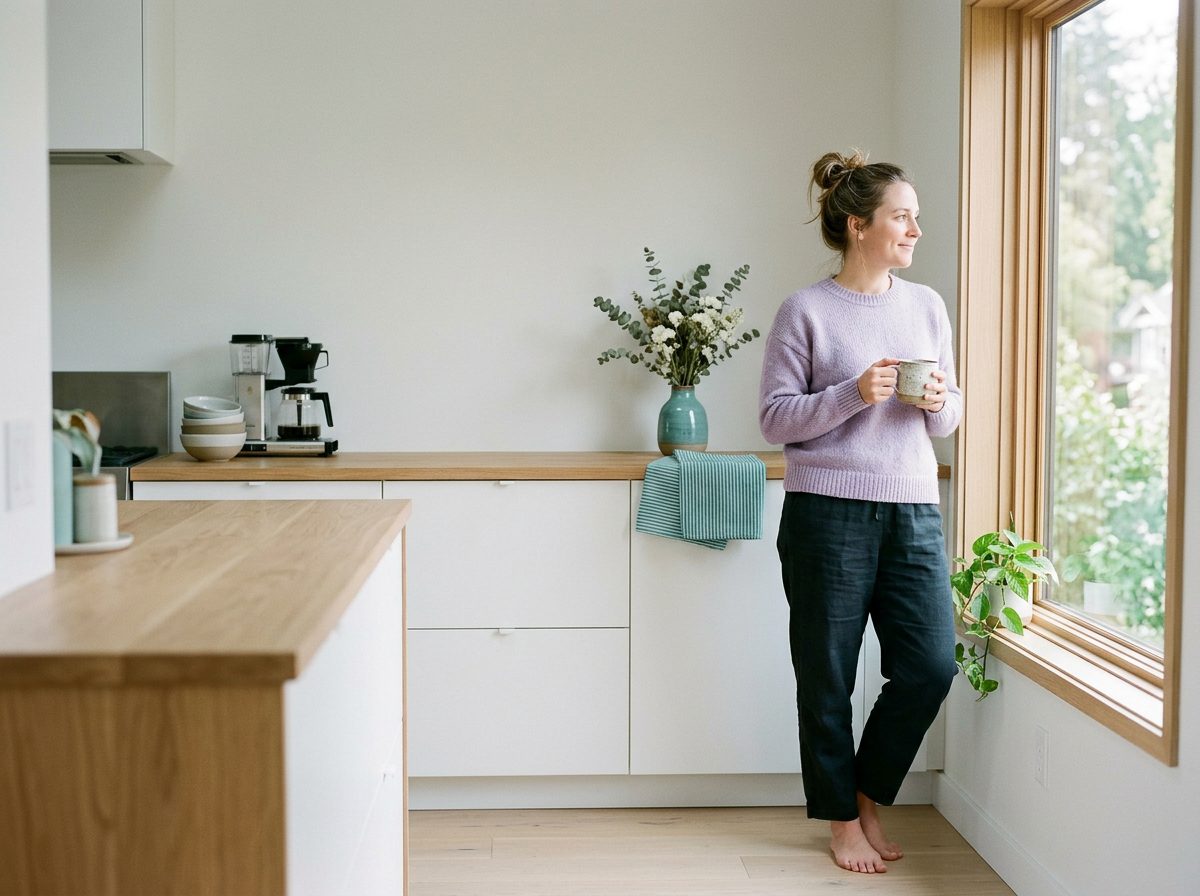 A woman in a lavender sweater holding a mug by a bright kitchen window