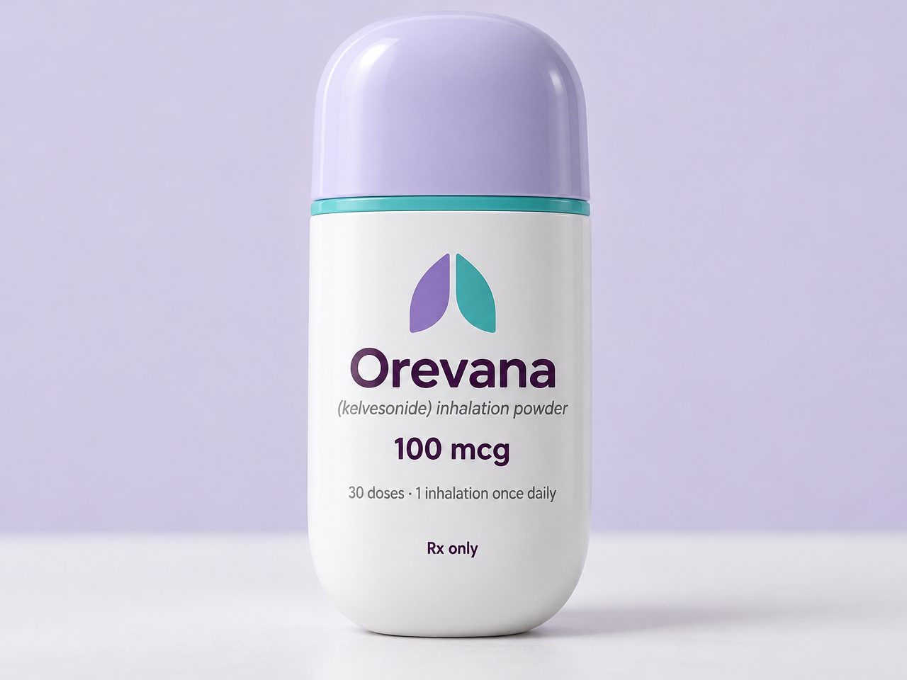 Front view of the Orevana inhaler showing the 100 mcg label
